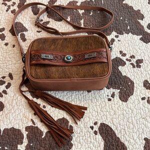 Western style faux cowhide Brown Crossbody Bag with Tassel Accents